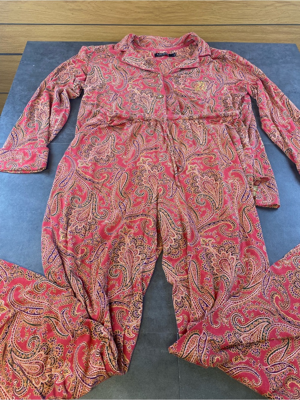 Lauren Ralph Lauren Women’s Red/gold Paisley Long-Sleeve Pajama Set-Large